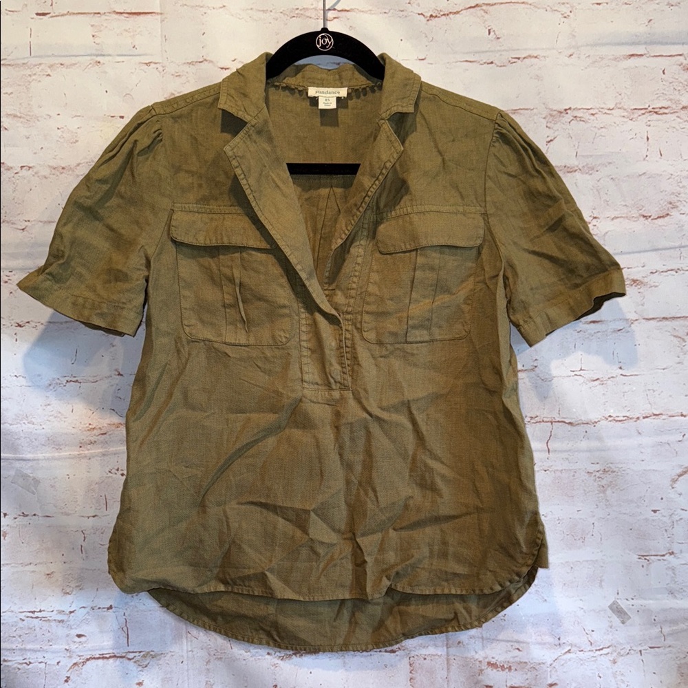 Sundance Sage Green popover Shirt blouse shirt sleeve xs collar linen